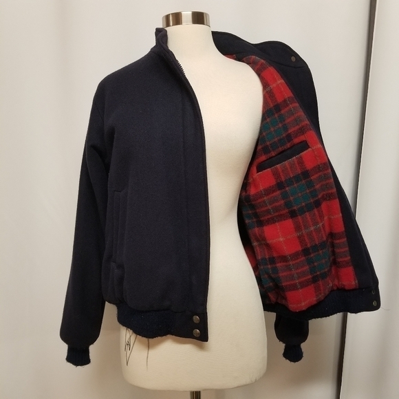 Vintage 80s L.L.Bean Navy Blue Red Plaid Wool Zip Up Bomber Jacket Woman's Md